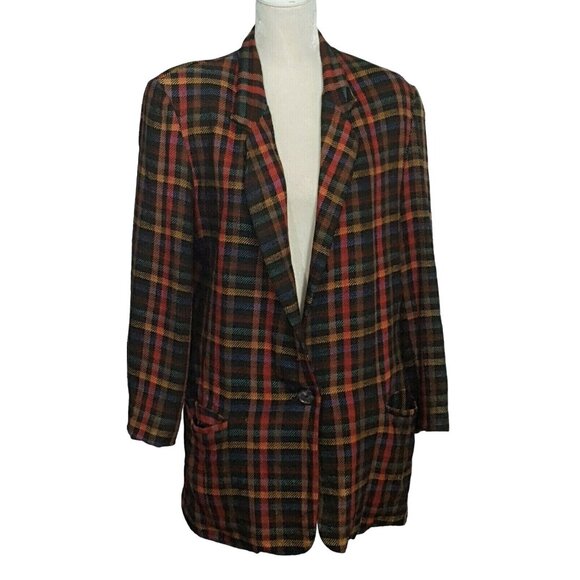 Vintage Womens M Plaid Check Silk Blend Blazer Jacket Lined One Button Pockets - Picture 2 of 7